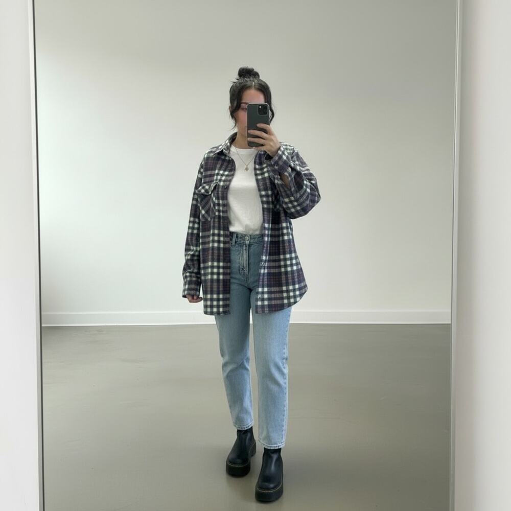 Vintage Lee Plaid Flannel Jacket Quilted Lined Pockets Button Blue Cream